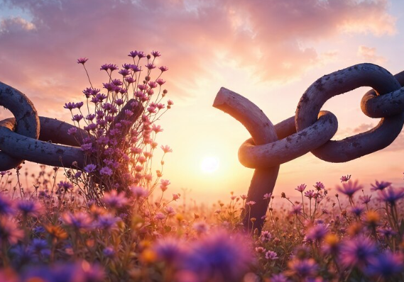 A broken chain opening among purple flowers at sunrise