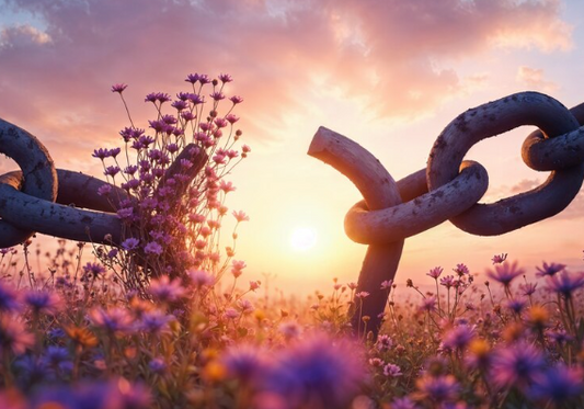 A broken chain opening among purple flowers at sunrise