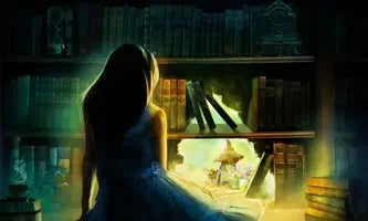 A silhouetted woman sitting before an open book glowing on a bookshelf